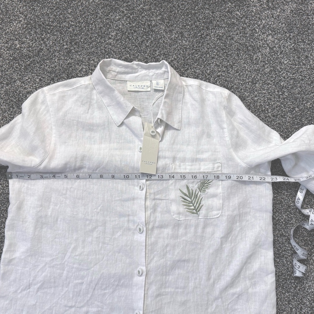 Calypso St. Barth White Button-Up Linen Tunic with Leaf Detail - Picture 10 of 14